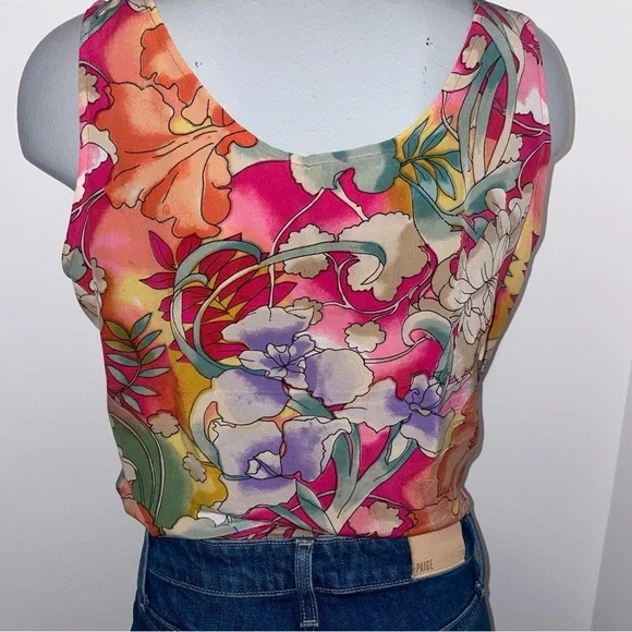 Tess vintage tank top scoop neck silk purple pink orange floral large - Picture 3 of 5